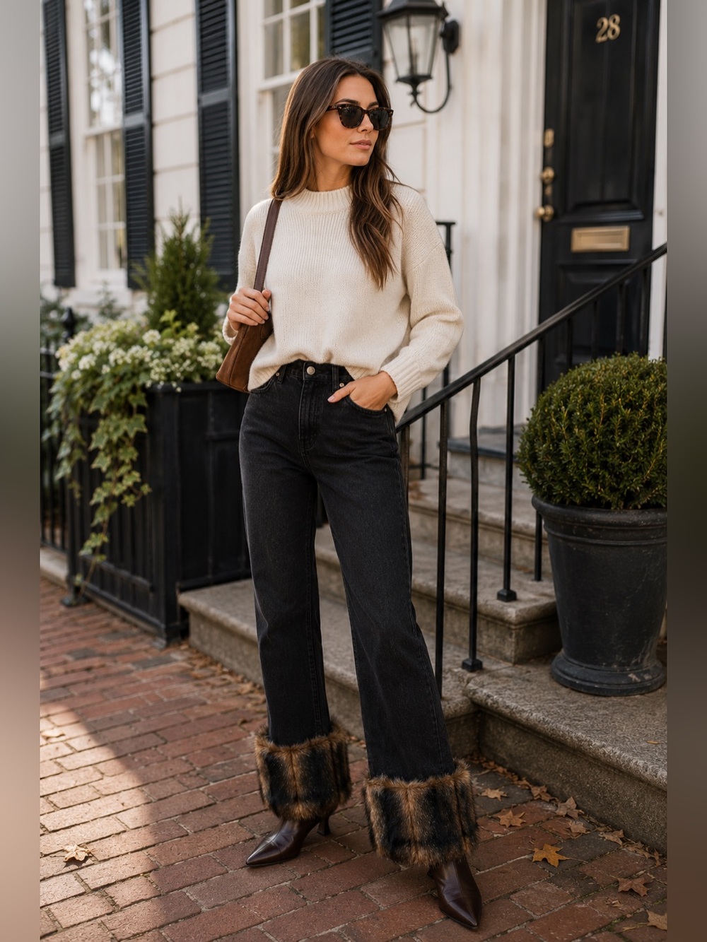 Zara Premium Denim Vintage High Rise Black Faux Fur Cuff Jeans Size 6